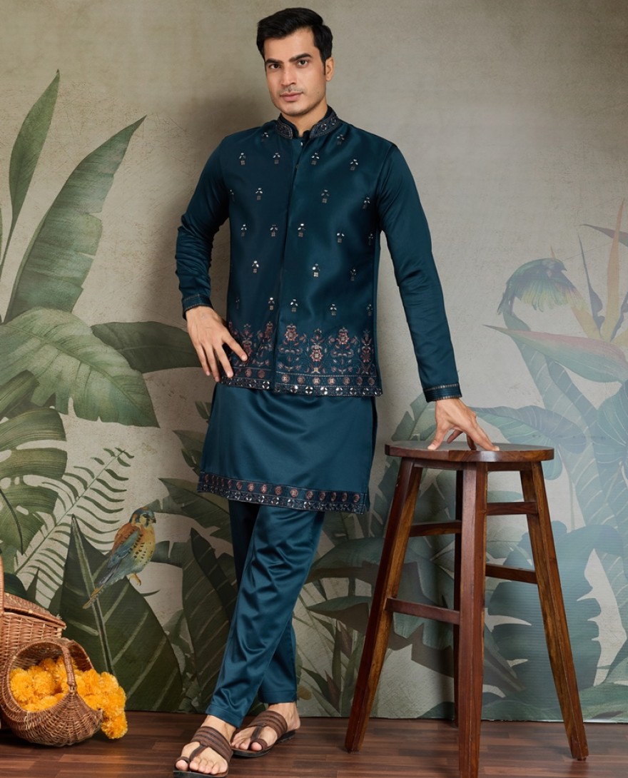 61104-BLUE - Midnight Blue Embroidered Kurta Set for Men